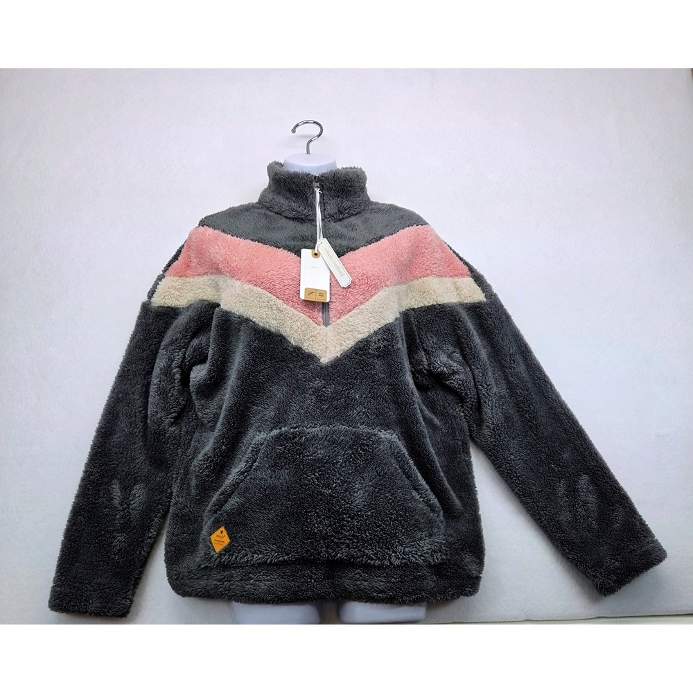 Simply Southern Women Medium Gray Pink Chevron Sherpa Fleece 1/4 Zip Pullover